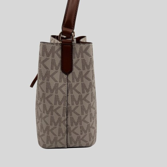 Michael Kors Small Drawstring Bucket Bag Vanilla/Brown Canvas Leather Logo - Picture 8 of 14